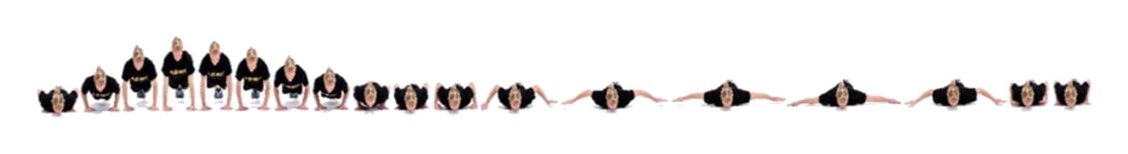 Photo sequence viewed from the front of one Soldier: lying prone, pushing up to the front leaning rest, lowering to the ground, extending both arms out to the sides in a T, and returning the hands under the shoulders.