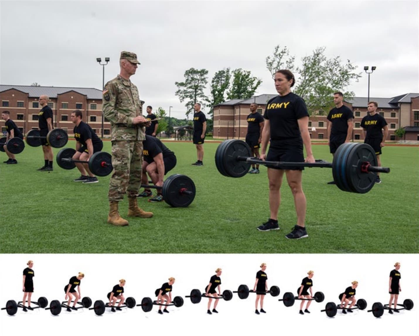 A Soldier stands holding a loaded hex bar at full extension while a grader in uniform watches with a clipboard; other Soldiers lift in lanes behind them. Below, a photo sequence shows one Soldier lifting the hex bar from the ground to standing and lowering it again.