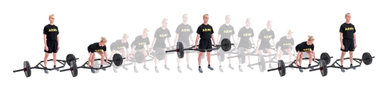 Overlapping photo sequence of one Soldier inside a hex bar: standing, bending at the knees and hips to grip the handles with a flat back, standing up with the bar, and lowering it back to the ground.