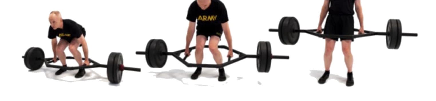 Three photos of a Soldier lifting a hex bar with the knees moving inward toward each other, shown from the side, the front, and at the top of the lift.
