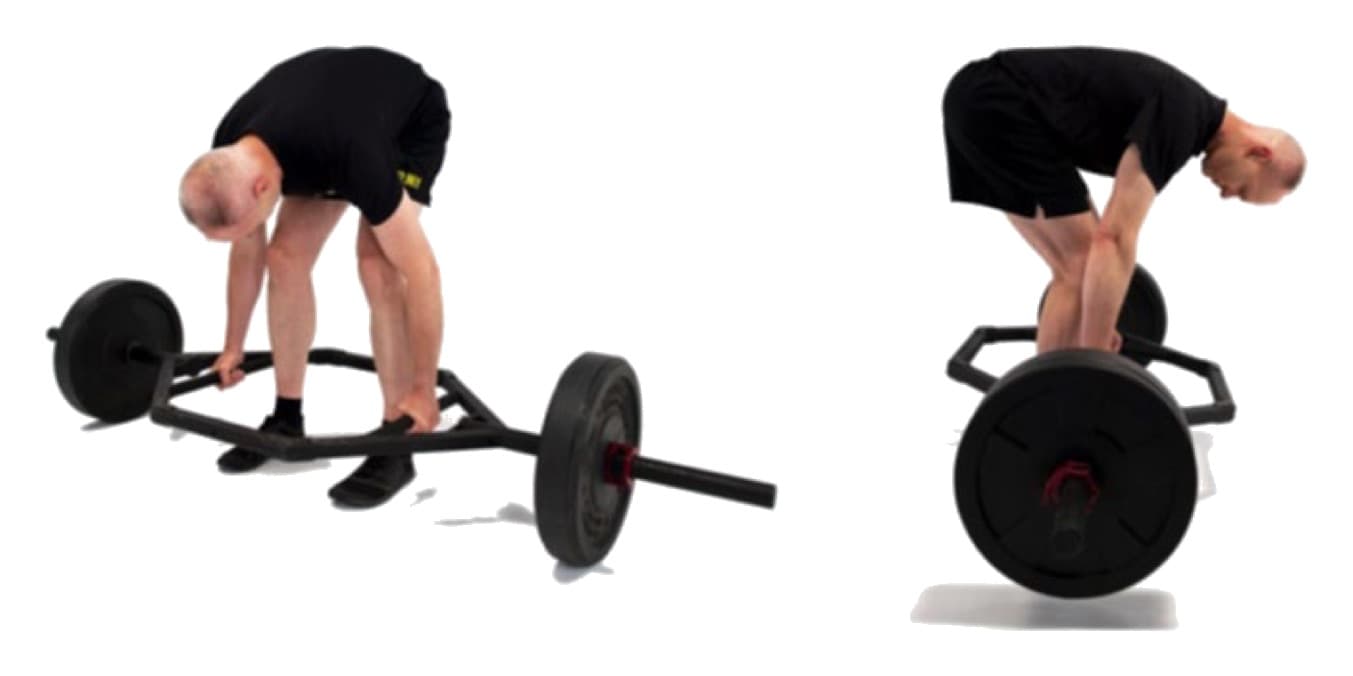 Two photos of a Soldier gripping a hex bar with the hips raised above the shoulders and the back rounded, viewed from the front-side and from the side.