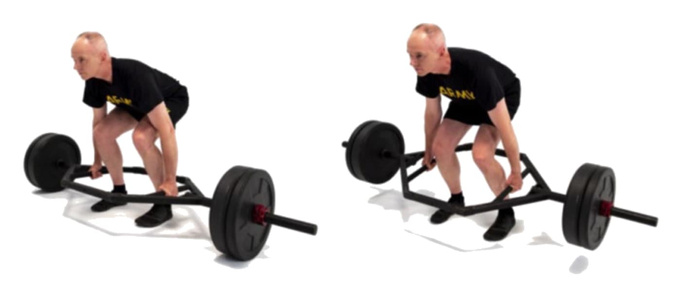 Two photos of a Soldier at the bottom of a hex-bar repetition: on the left the plates rest on the ground; on the right the plates are held just above the ground.