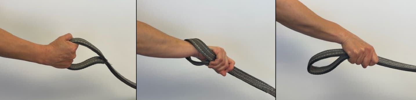 Three close-up photos of a hand on the sled strap: fingers through the loop; the hand completely through the loop gripping the strap below the sewn portion; and the hand gripping below the loop at the sewn portion.
