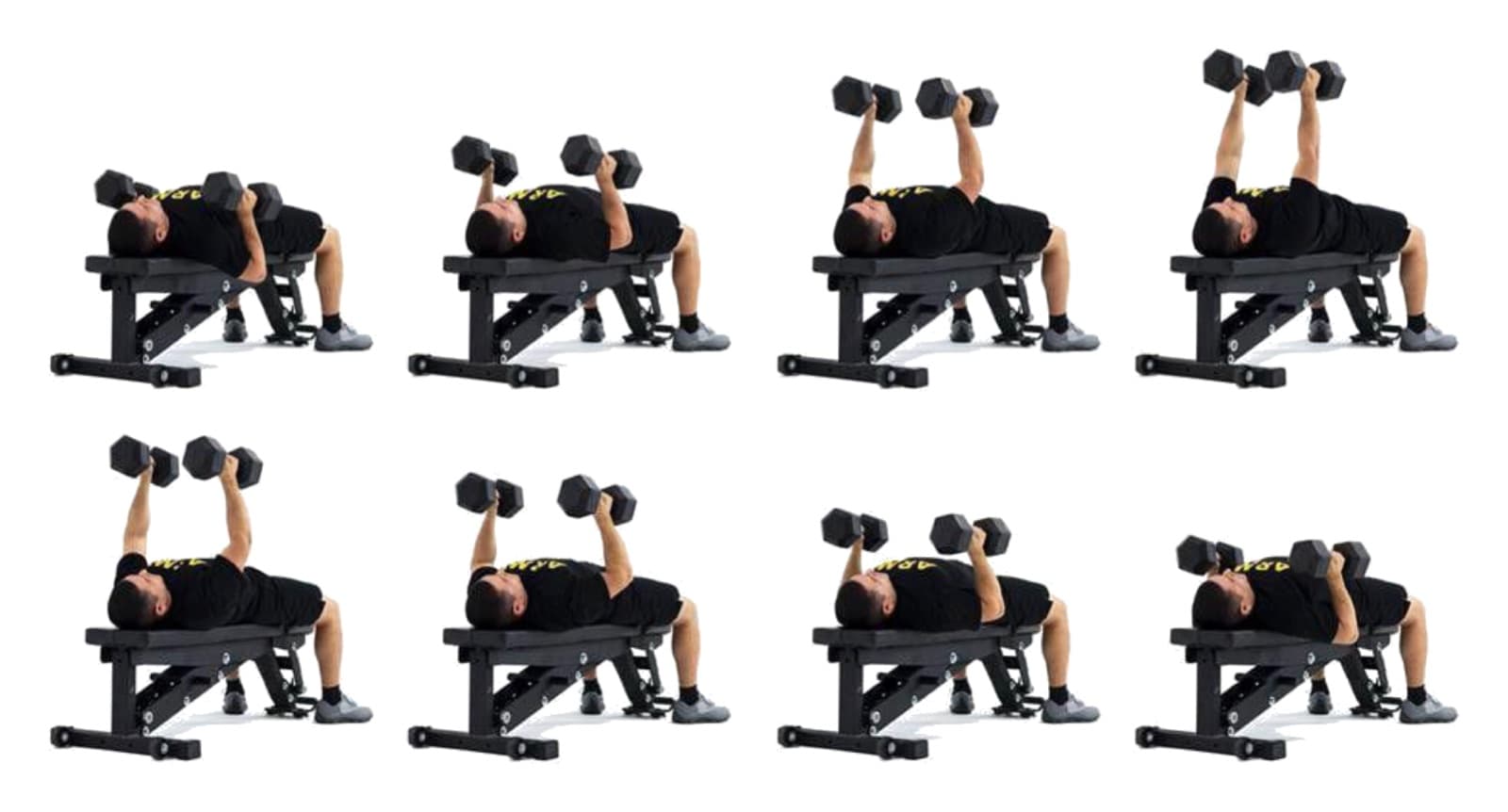 Bench Press: official ATP 7-22.02 photo sequence (figure 14-7, FW4 Bench Press—dumbbell) showing the positions of the exercise in order.