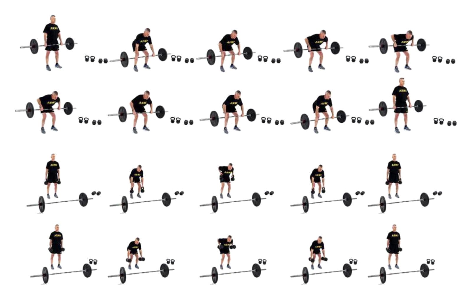 Bent-Over Row: official ATP 7-22.02 photo sequence (figure 14-13, FW8 Bent-Over Row) showing the positions of the exercise in order.