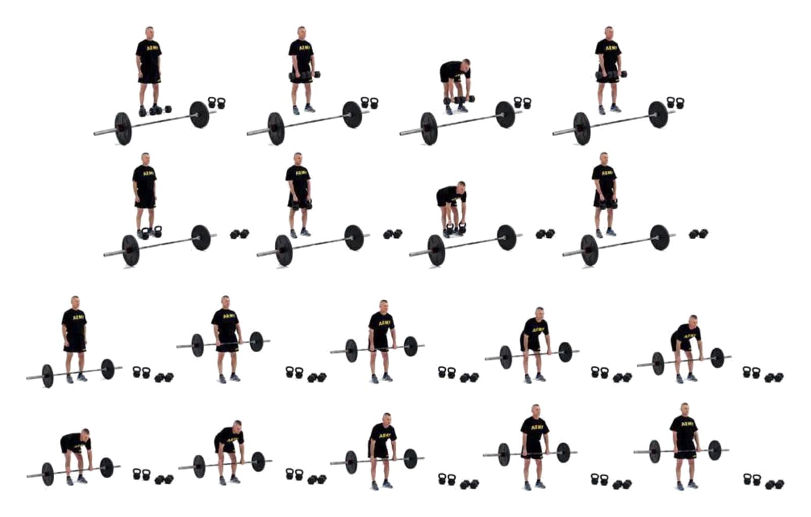 Straight-Leg Deadlift: official ATP 7-22.02 photo sequence (figure 14-5, FW3 Straight-Leg Deadlift) showing the positions of the exercise in order.
